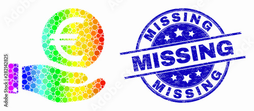 Dotted rainbow gradiented hand offer euro coin mosaic icon and Missing seal stamp. Blue vector rounded grunge seal with Missing title. Vector combination in flat style.