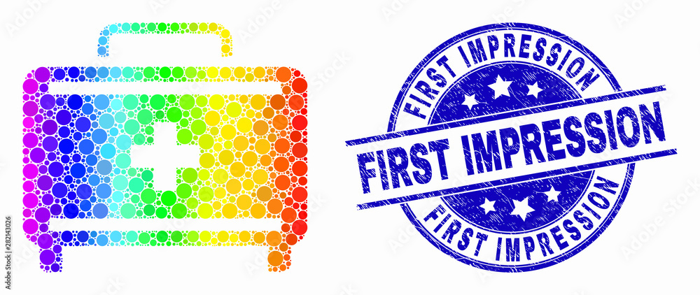 Pixel rainbow gradiented first aid case mosaic pictogram and First Impression seal stamp. Blue vector rounded scratched seal with First Impression message. Vector composition in flat style.