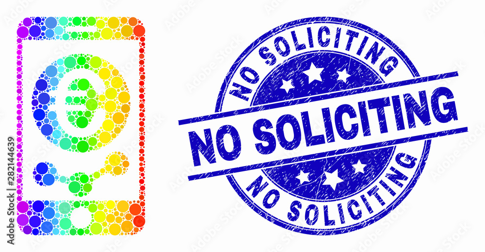 Obraz premium Dotted spectrum mobile euro chart mosaic icon and No Soliciting stamp. Blue vector round textured stamp with No Soliciting title. Vector collage in flat style.