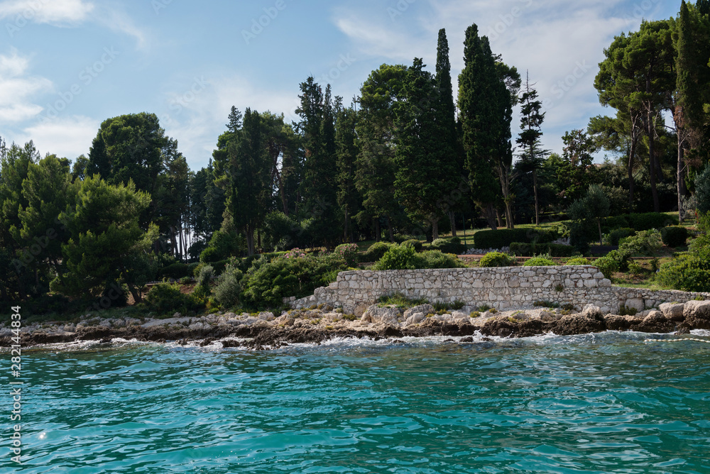 Boat trip near Rovinj. View to the island. Croatia