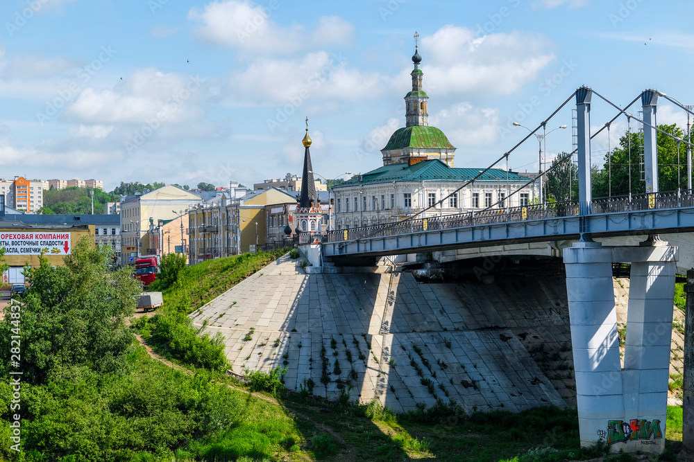 Smolensk, Russia - May, 26, 2019: landscape with the image of the bridge across the Dnieper River and the view of the Kremlin in Smolensk, Russia
