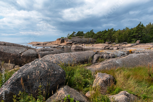  Big stones, rocky coast of Rankki island. Finland in the Baltic Sea. Seascape nature of northern Europe