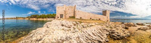 Panorama view of Kastelina castle, fortress ruins on Vir island, Croatia, Europe.