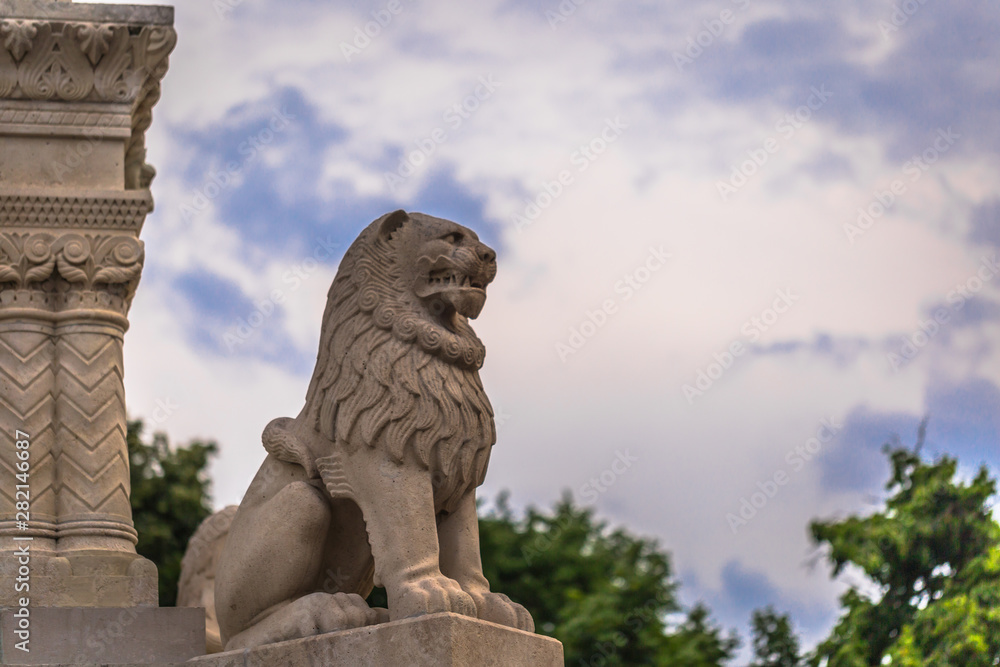 Budapest - June 22, 2019: Lion statue in the Buda side of Budapest, Hungary
