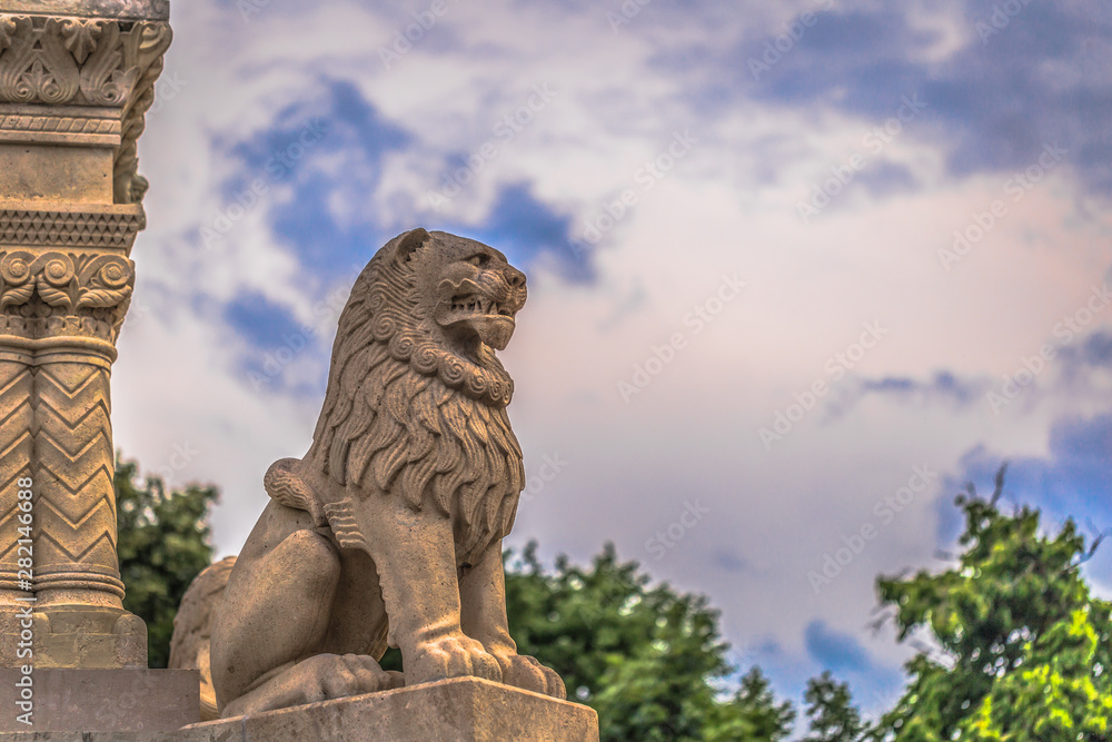 Budapest - June 22, 2019: Lion statue in the Buda side of Budapest, Hungary