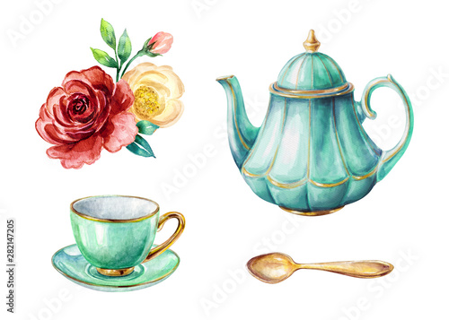 watercolor illustration, mint green teapot and cup, gold spoon, red and yellow roses, clip art elements set isolated on white background