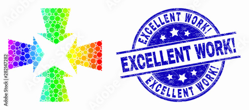 Dot spectral shrink arrows mosaic pictogram and Excellent Work! seal stamp. Blue vector rounded scratched seal with Excellent Work! caption. Vector combination in flat style.