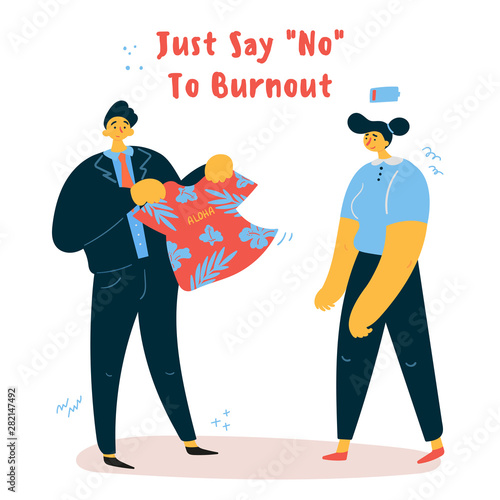 Emotional burnout woman with her boss offering her a vacation.Tired office worker with low battery,emotional burnout concept.Hard work.Vector illustration