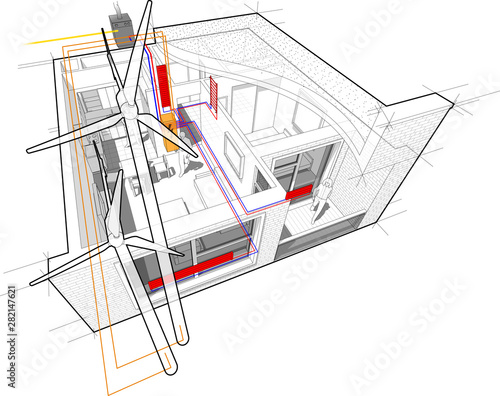 Apartment diagram with floor heating and gas water boiler and connected to the wind turbines