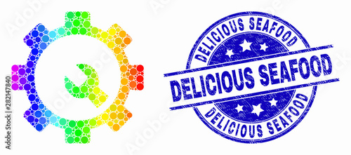 Pixelated bright spectral setup tools mosaic icon and Delicious Seafood seal. Blue vector rounded grunge seal stamp with Delicious Seafood caption. Vector collage in flat style.