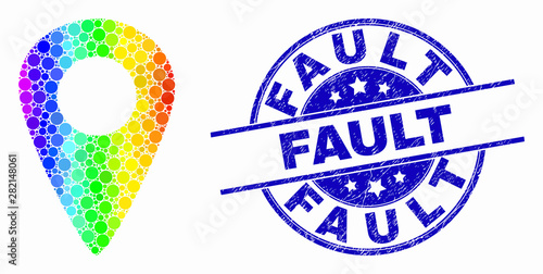 Pixel bright spectral map pointer mosaic icon and Fault seal stamp. Blue vector round scratched seal stamp with Fault phrase. Vector composition in flat style.