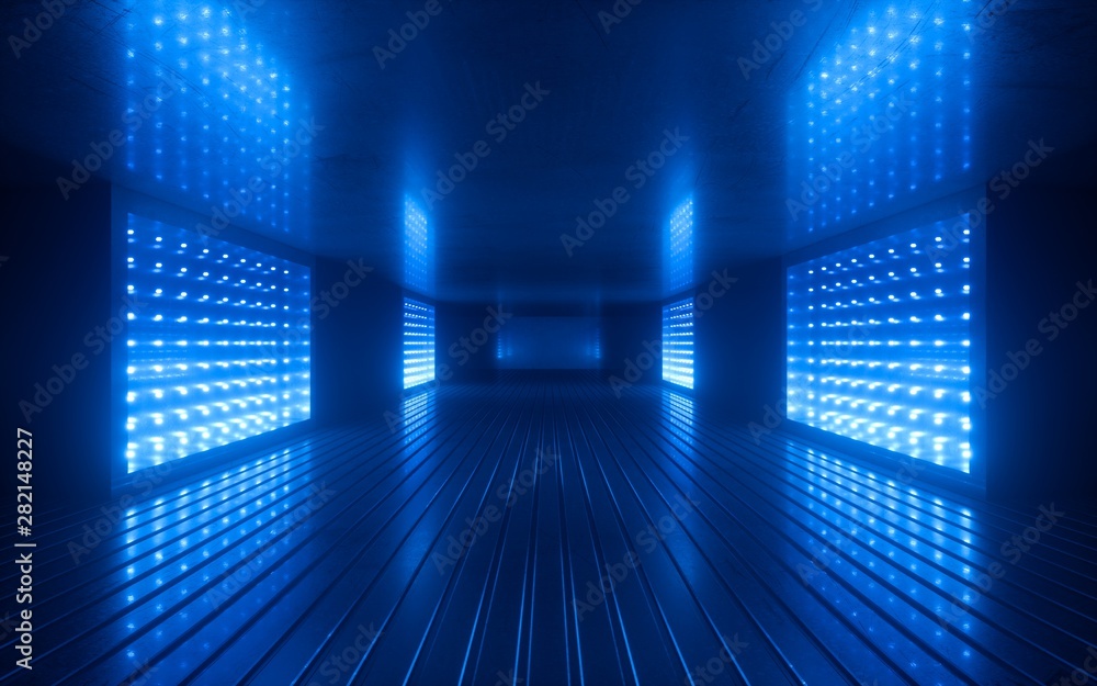 Naklejka premium 3d render, niebieski neon abstrakcyjne tło, światło ultrafioletowe, wnętrze pustego pokoju w klubie nocnym, tunel lub korytarz, świecące panele, podium mody, dekoracje sceniczne,