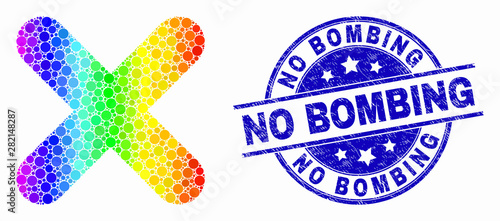 Dot bright spectral x-cross mosaic pictogram and No Bombing seal stamp. Blue vector rounded textured seal stamp with No Bombing title. Vector combination in flat style.
