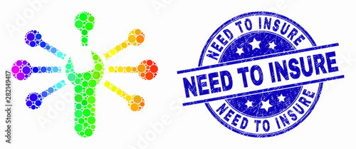 Pixelated rainbow gradiented wrench links mosaic pictogram and Need to Insure seal stamp. Blue vector rounded grunge seal stamp with Need to Insure message. Vector collage in flat style.