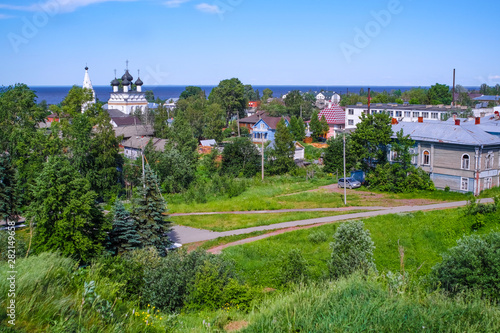 Belozersk, Russia - June, 9, 2019: landscape with the image of old russian north town Belozersk
