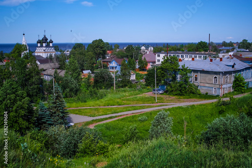 Belozersk, Russia - June, 9, 2019: landscape with the image of old russian north town Belozersk