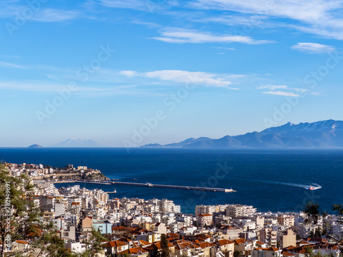Overlook of the Kavala port and the Tassos island in the background