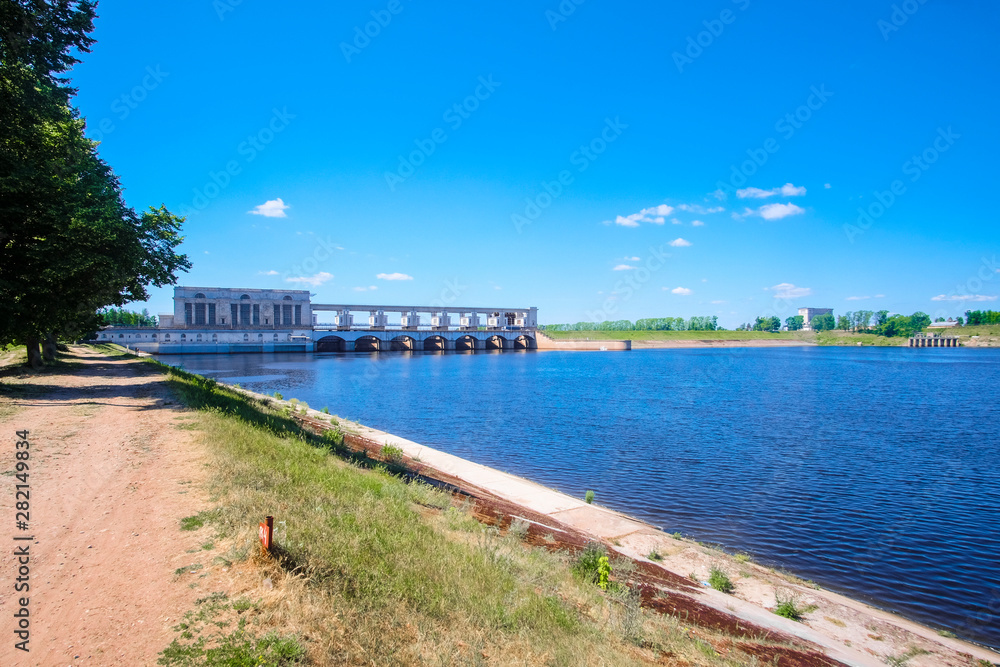 Uglich, Russia - June, 10, 2019: hydroelectric generating station on Volga river in Uglich