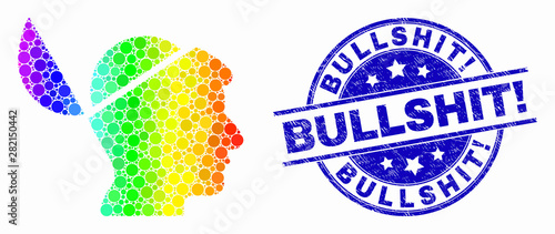 Pixel bright spectral open mind mosaic icon and Bullshit! seal. Blue vector round scratched seal stamp with Bullshit! title. Vector combination in flat style.