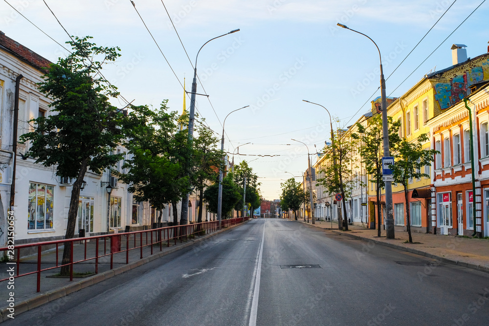 Rybinsk, Russia - June, 9, 2019: landscape with the image of old russian town Rybinsk