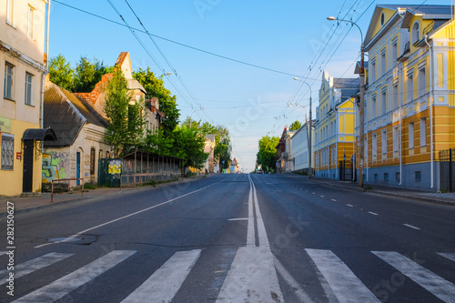 Rybinsk, Russia - June, 9, 2019: landscape with the image of old russian town Rybinsk