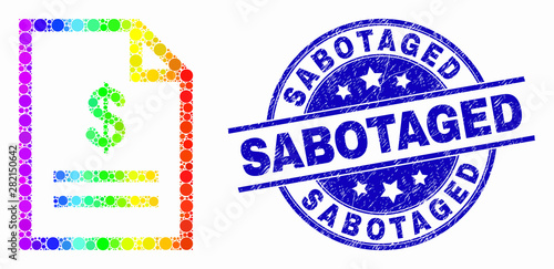 Pixelated spectral price page mosaic icon and Sabotaged stamp. Blue vector rounded textured stamp with Sabotaged title. Vector combination in flat style.