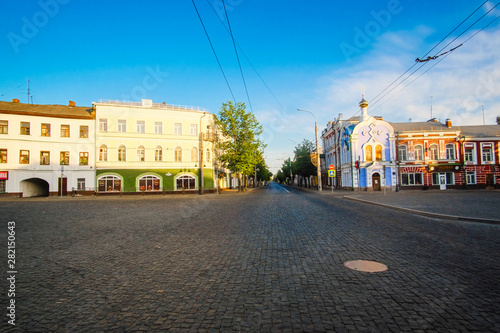 Rybinsk, Russia - June, 9, 2019: landscape with the image of old russian town Rybinsk