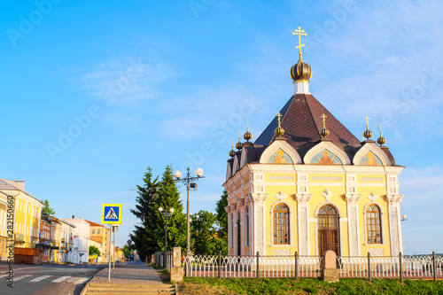 Rybinsk, Russia - June, 10, 2019: small church on Volga embankment in Rybinsk, Russia