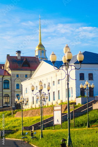 Rybinsk, Russia - June, 10, 2019: Volga embankment in Rybinsk, Russia at sunrise photo