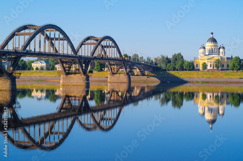 Rybinsk, Russia - June, 10, 2019: landscape with the image of Volga embankment in Rybinsk, Russia at sunrise photo