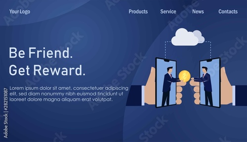 Businessman give referral reward online from phone. Business Landing Page Template.