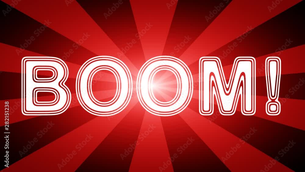 Boom! icon in red abstract background with rays. Looping footage with ...