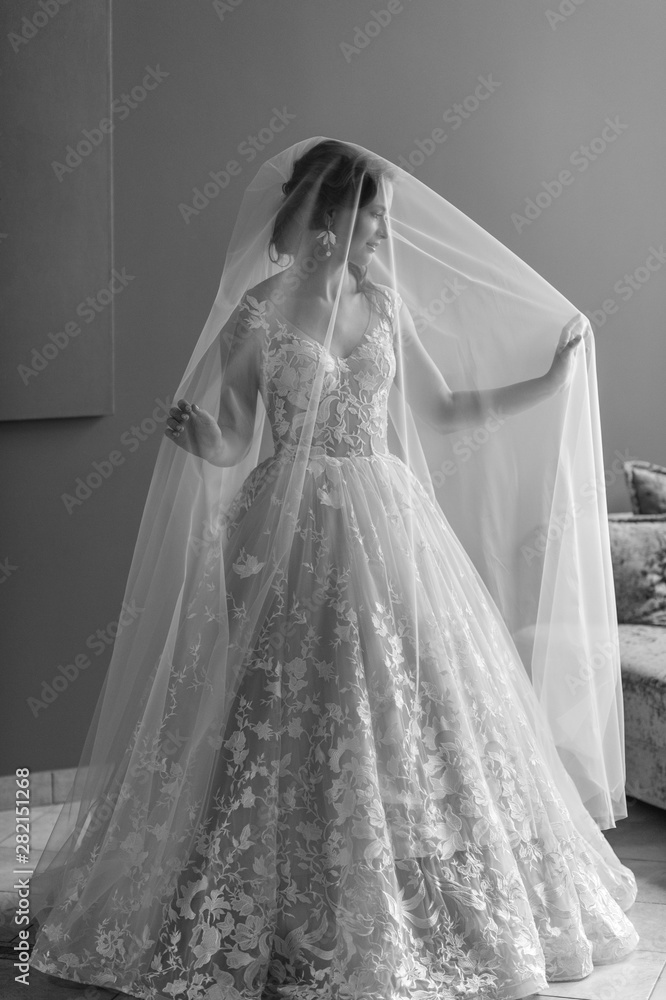 Black and white portrait of beautiful bride in wedding dress touchs and throws her veil up in hotel. Black and white portrait of beautiful bride in wedding dress touchs and throws her veil up in hotel.