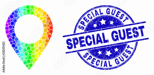 Pixel bright spectral map marker mosaic icon and Special Guest seal stamp. Blue vector round textured seal with Special Guest text. Vector collage in flat style.