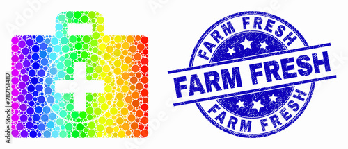 Dot bright spectral medical case mosaic pictogram and Farm Fresh seal stamp. Blue vector rounded grunge seal stamp with Farm Fresh text. Vector composition in flat style.