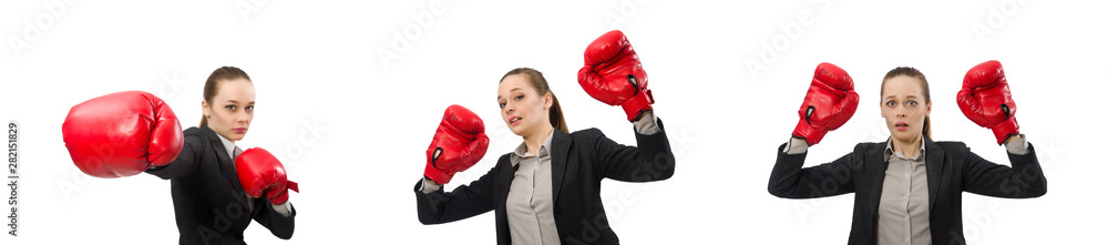 Businesswoman with boxing gloves isolated on white Businesswoman with boxing gloves isolated on white