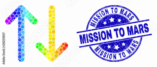 Dot bright spectral vertical exchange arrows mosaic icon and Mission to Mars seal. Blue vector round distress seal with Mission to Mars title. Vector composition in flat style.