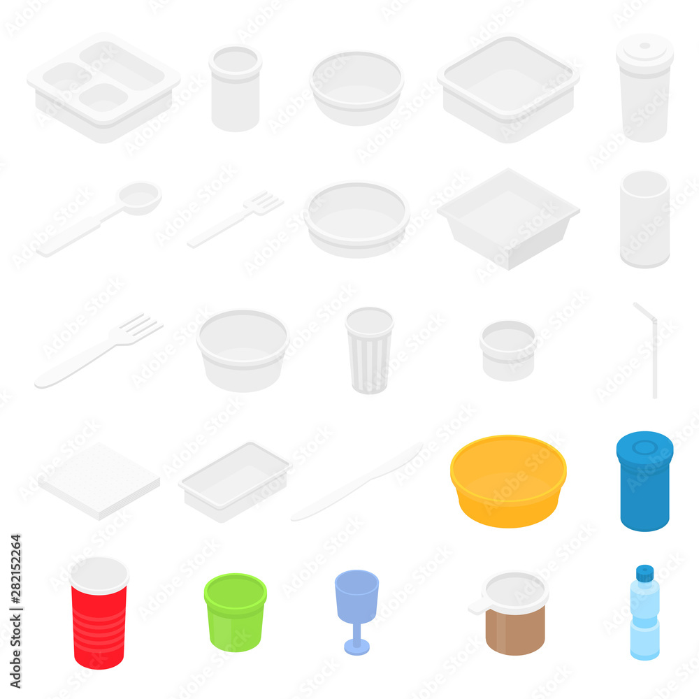 Obraz premium Plastic tableware icons set. Isometric set of plastic tableware vector icons for web design isolated on white background