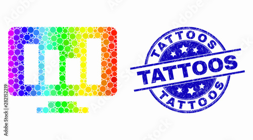 Dotted bright spectral online chart mosaic pictogram and Tattoos seal. Blue vector round textured seal stamp with Tattoos caption. Vector combination in flat style.