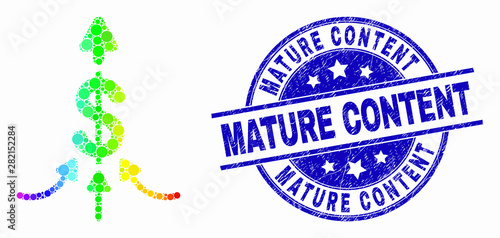 Dotted spectrum payment aggregator mosaic icon and Mature Content watermark. Blue vector round distress seal with Mature Content phrase. Vector combination in flat style.