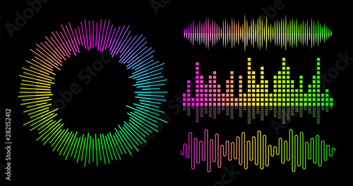 Vector music wave equalizer set. Audio player UI elements.