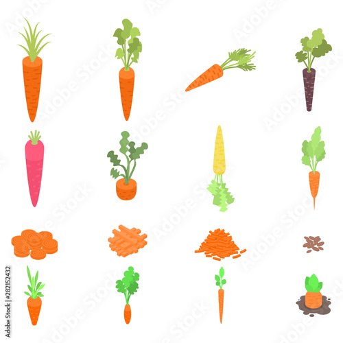 Carrot icons set. Isometric set of carrot vector icons for web design isolated on white background