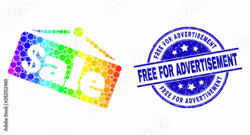 Dot bright spectral sale announce mosaic icon and Free for Advertisement seal. Blue vector round grunge seal stamp with Free for Advertisement text. Vector composition in flat style.