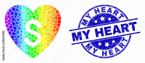 Dotted spectral love price mosaic icon and My Heart seal. Blue vector rounded textured seal stamp with My Heart title. Vector collage in flat style.