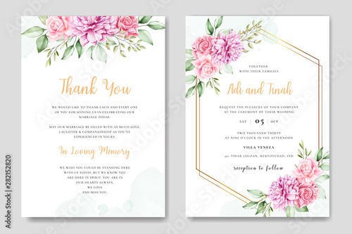 wedding invitation card with beautiful floral and leaves template