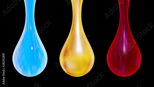 Vector set of hanging drops. Water honey and blood.