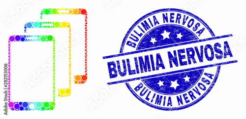 Pixel spectrum smartphones mosaic icon and Bulimia Nervosa seal. Blue vector rounded textured seal with Bulimia Nervosa caption. Vector combination in flat style.