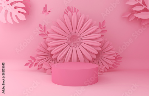 Fototapeta Naklejka Na Ścianę i Meble -  Display background for Cosmetic product presentation. Empty showcase,  3d flower paper illustration rendering.