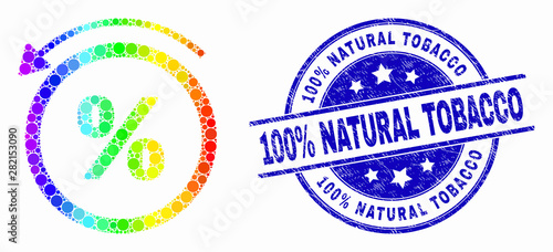 Dot rainbow gradiented percent back mosaic pictogram and 100% Natural Tobacco seal stamp. Blue vector rounded textured stamp with 100% Natural Tobacco caption. Vector combination in flat style.