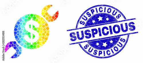 Dotted spectral wrench repair price mosaic pictogram and Suspicious stamp. Blue vector round textured seal stamp with Suspicious message. Vector composition in flat style.